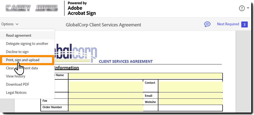 The e-sign page with the Options menu expanded and the "Print, sign and upload" option highlighted.