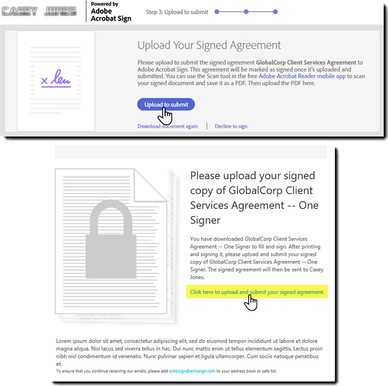 The "Upload Your Signed Agreement" page and the upload email.