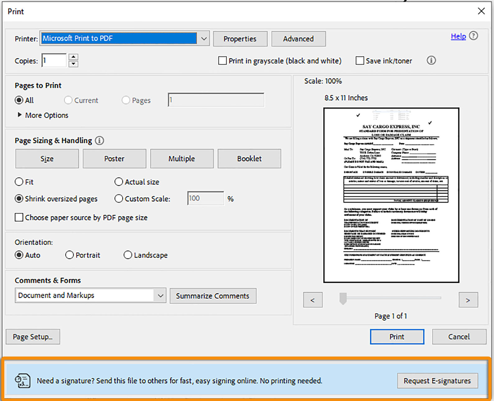Sign prompt while printing a PDF form with unsigned field