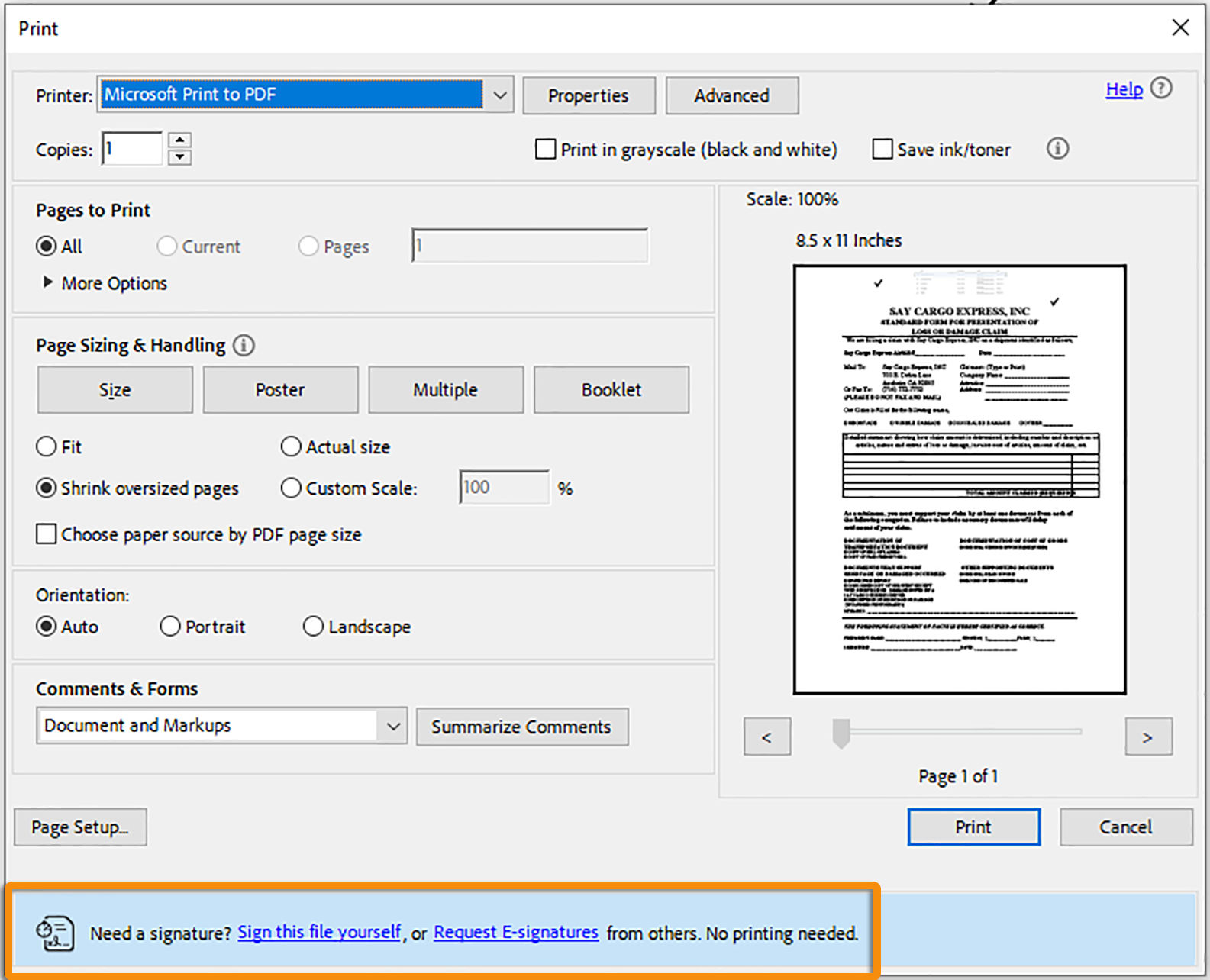 Sign prompt while printing a PDF form with unsigned field