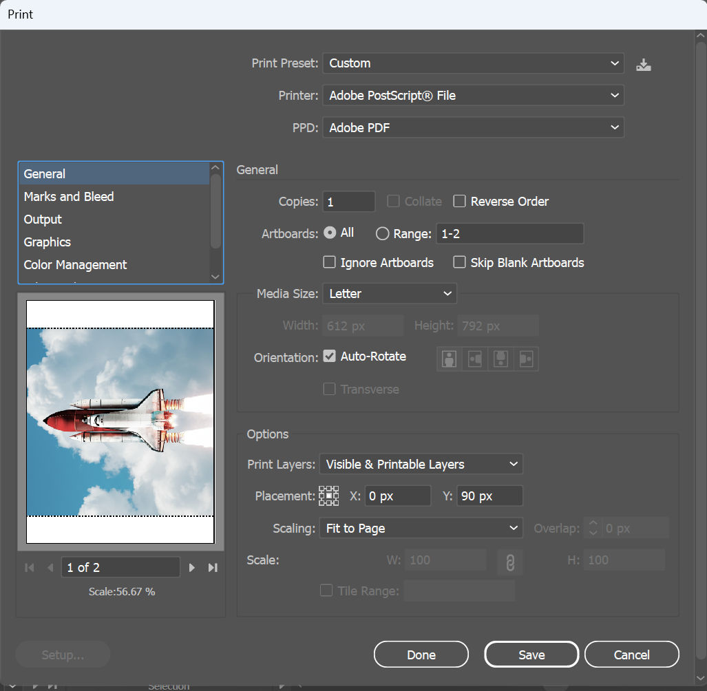 Print dialog box with options for page setup, printer’s marks and bleed, color separations, print settings, color management, transparency flattening, and a summary of print settings.