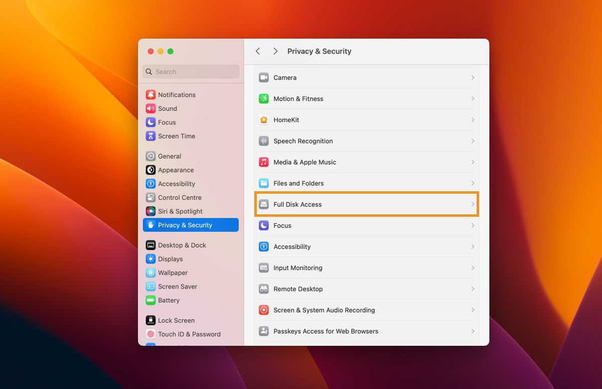 The UI of macOS System Settings dialog box with Privacy & Security settings selected. 