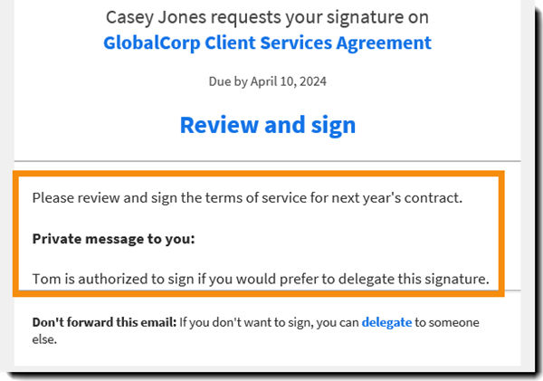 "Review and sign" email highlighting the Message and Private Message.