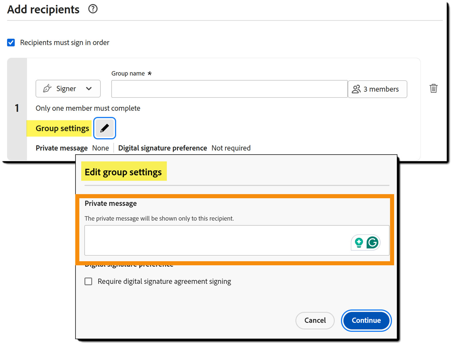 The recipeint groujp setting panel highlighting the Private message field.
