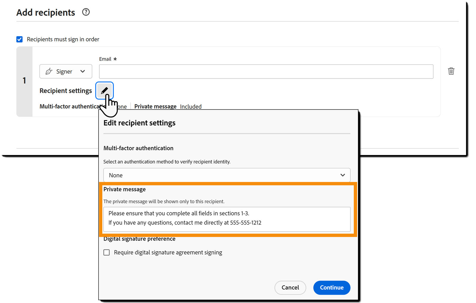 The recipeint setting panel highlighting the Private message field.