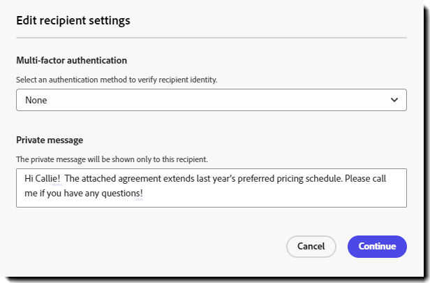 The "Recipient settings" option opened with "Private message" expanded