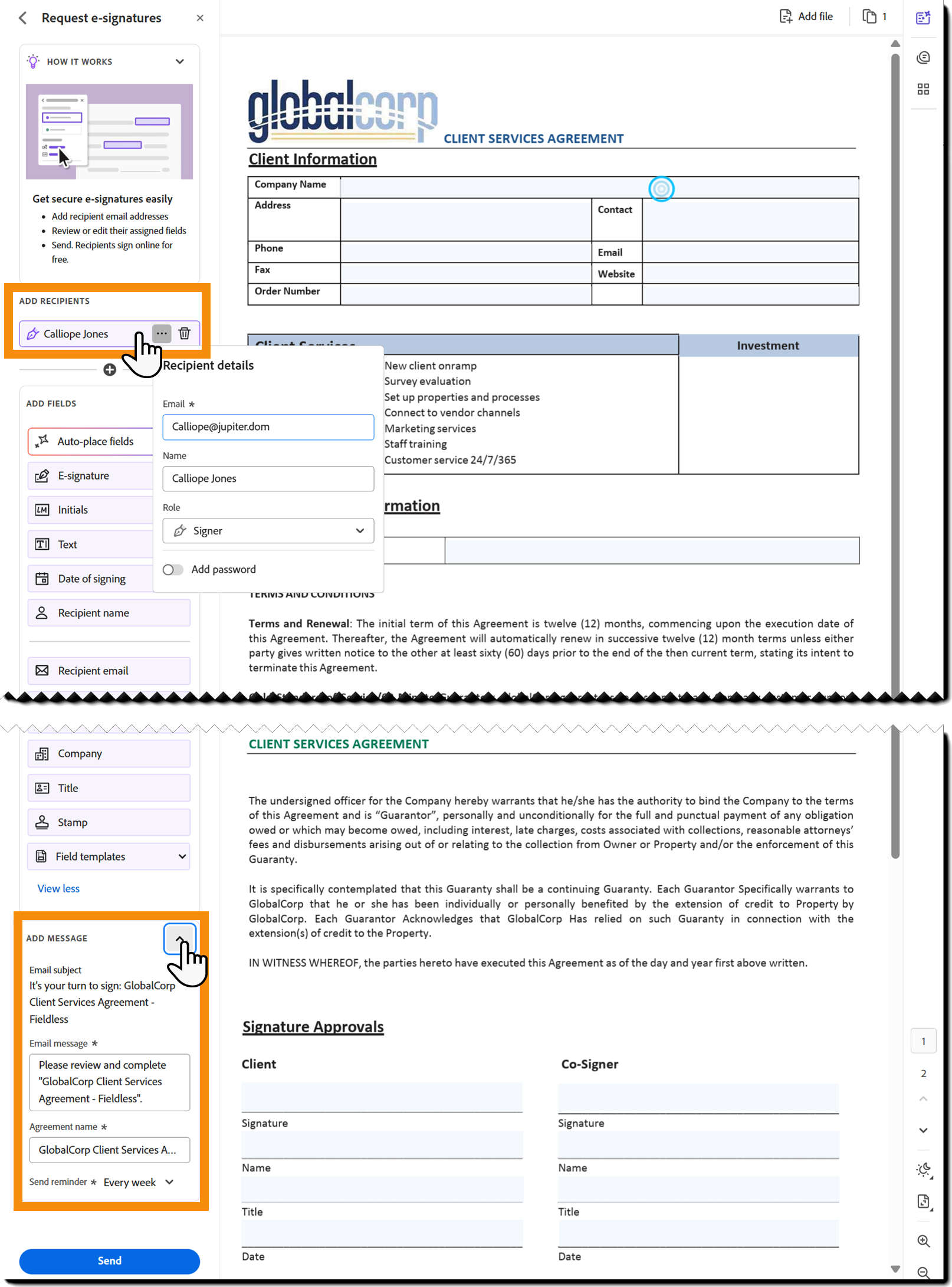 The Compose page highlighting the Recipient and MEssage input fields