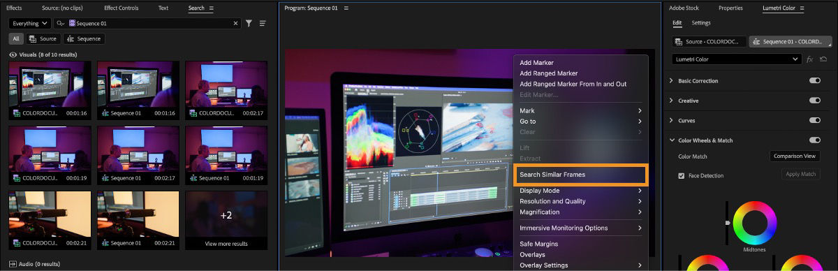 Program Monitor in Premiere showing the right-click menu with Search Similar Frames selected, and similar shot results displayed in the Search panel.