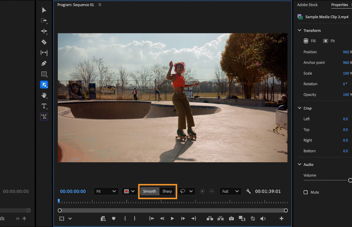 Program Monitor showing Smooth and Sharp options selected for adjusting object mask edge softness.