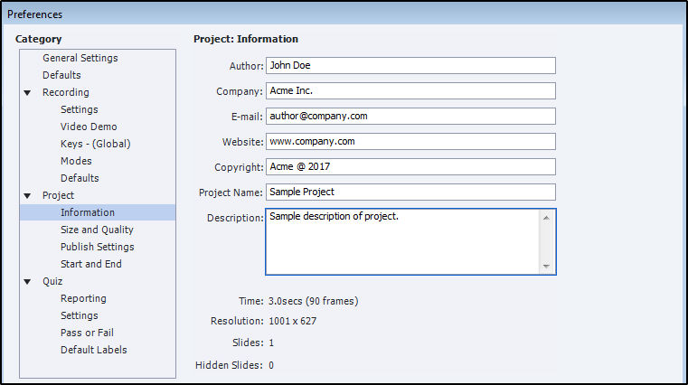 Project information dialog