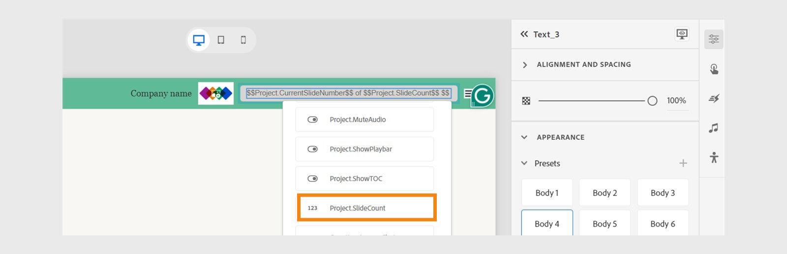 Use the project slide count variable to display current slide number