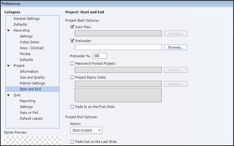 Project start and end options dialog