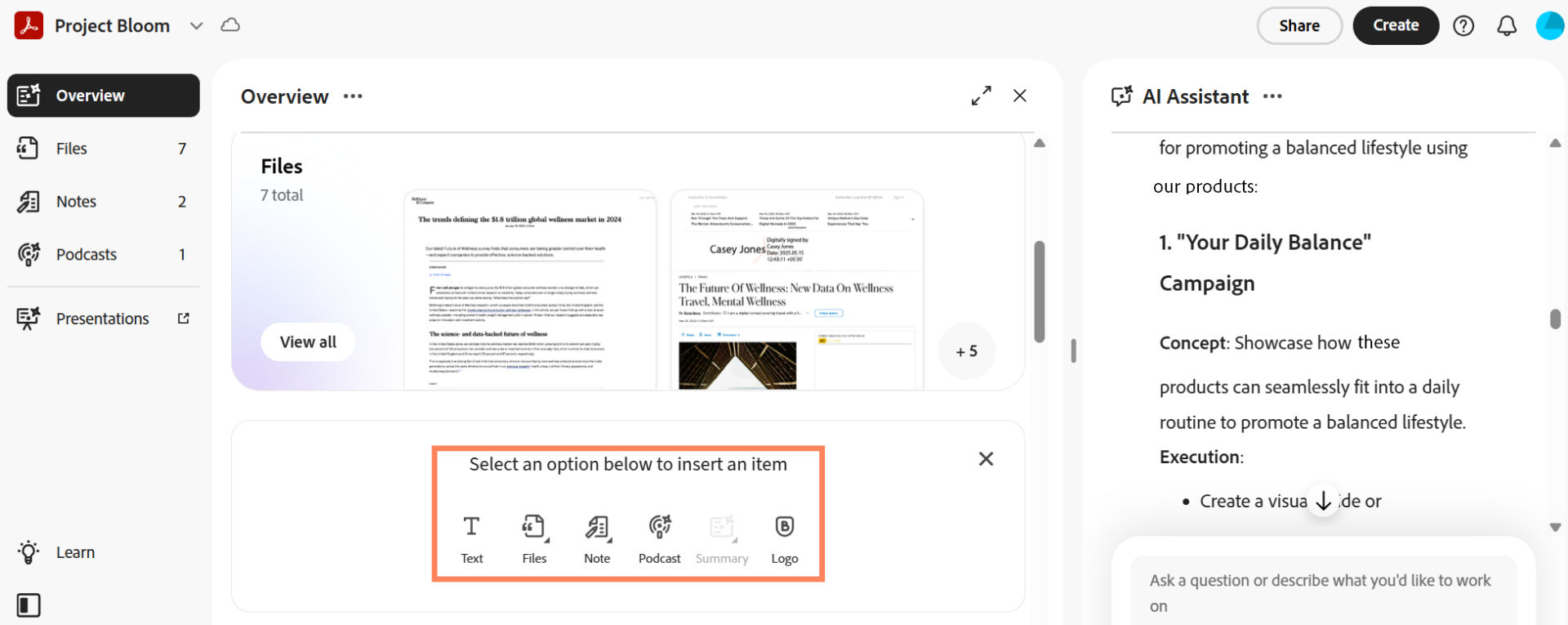 Project overview showing files in a workspace and an insert menu with options such as text, files, notes, podcasts, and summaries, alongside an AI Assistant panel.