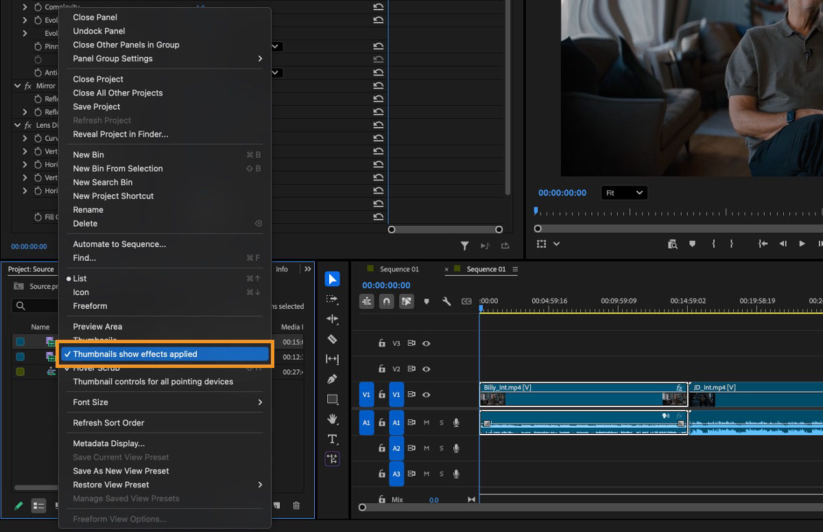 Project panel context menu with the “Thumbnails show effects applied” option highlighted for managing clip preview visibility.