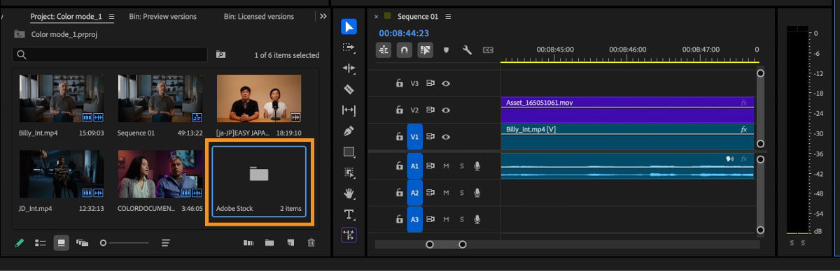 Project panel in Premiere showing an Adobe Stock folder with licensed assets alongside imported media and sequences.