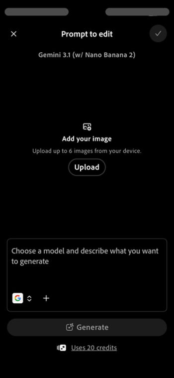 Prompt to edit screen in Firefly displays the Upload button along with the prompt dialog box.