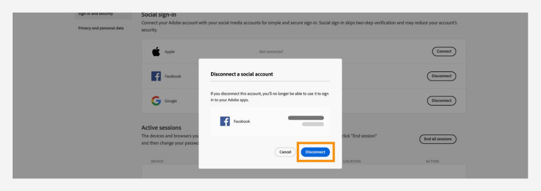 Prompt window to disconnect social account