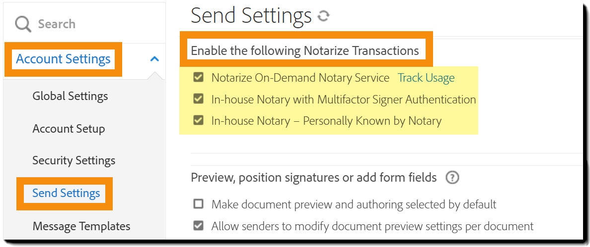 Send Settings page with the Proof settings highlighted