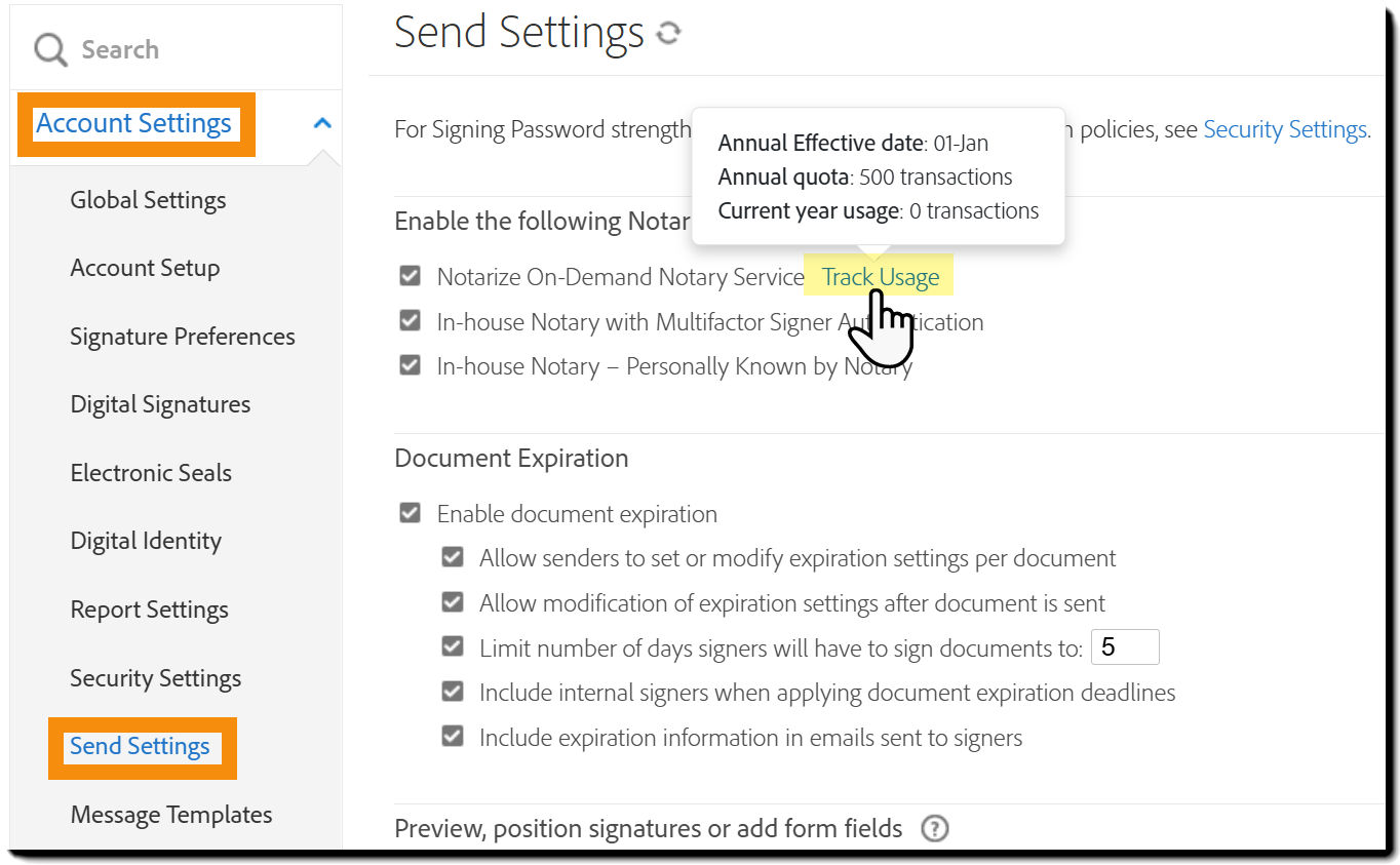 Send Settings page with the Track usage information highlighted