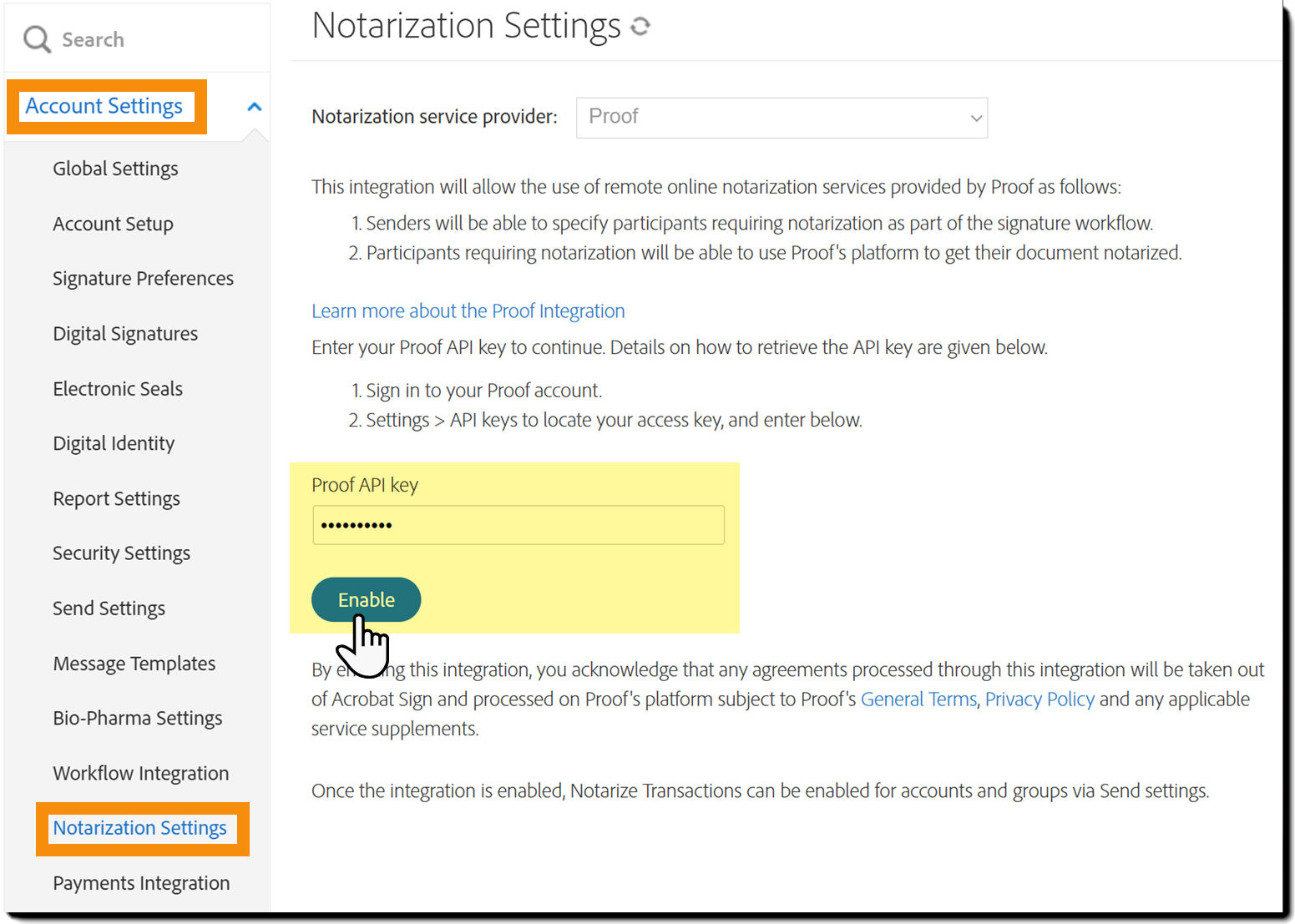 Proof enablement page with the API key and enable button highlighted