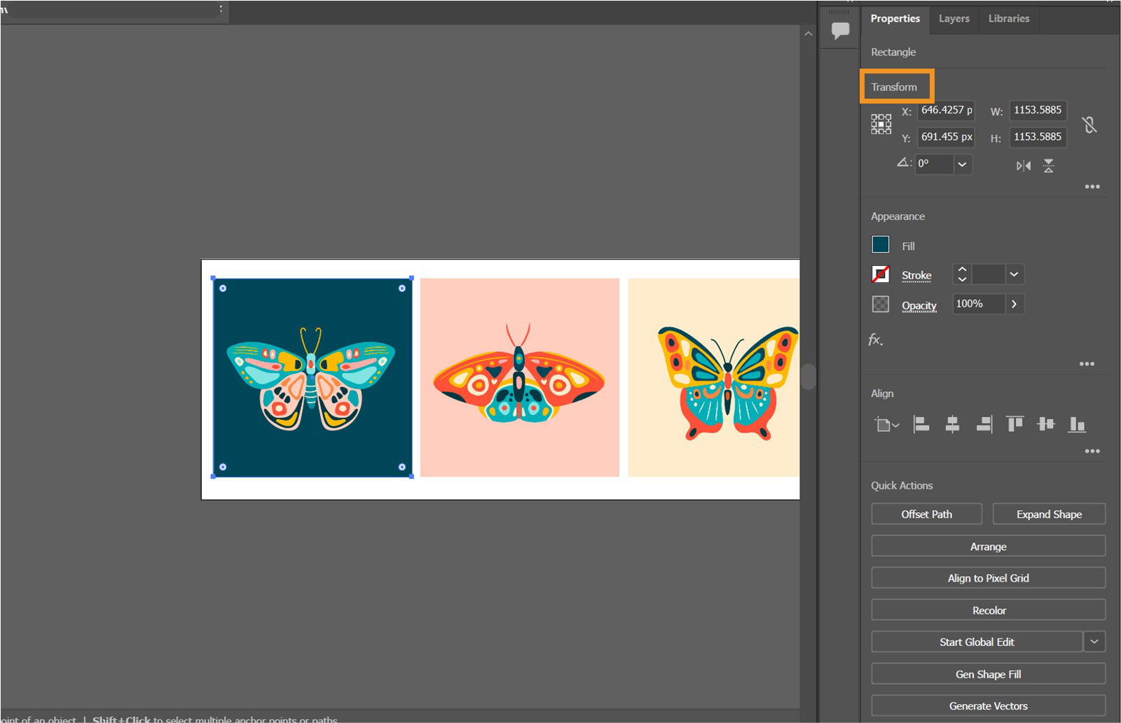 Properties panel showing contextual controls like width, height, fill, and stroke options for a selected rectangle in Illustrator.
