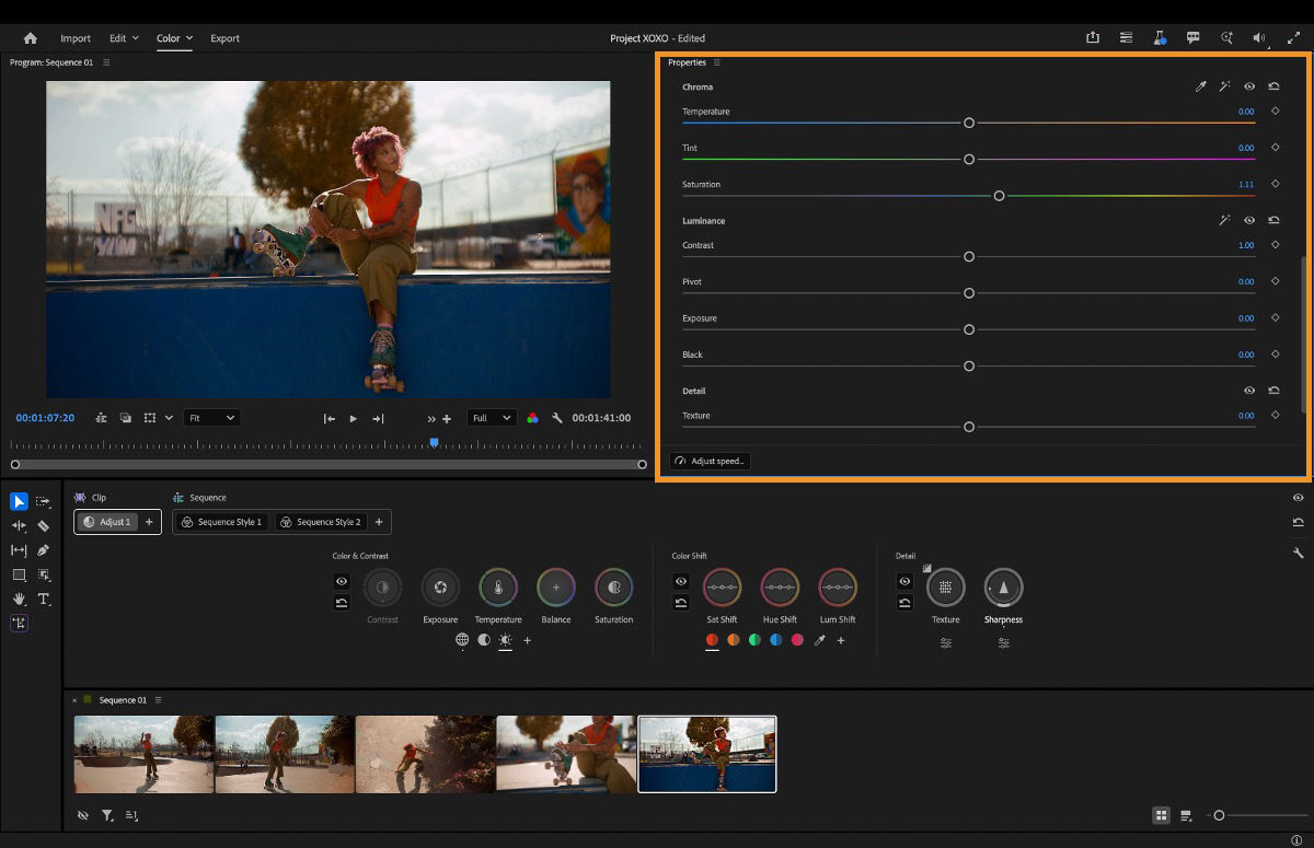 Properties panel showing sliders for temperature, tint, saturation, contrast, and exposure in Edit mode.