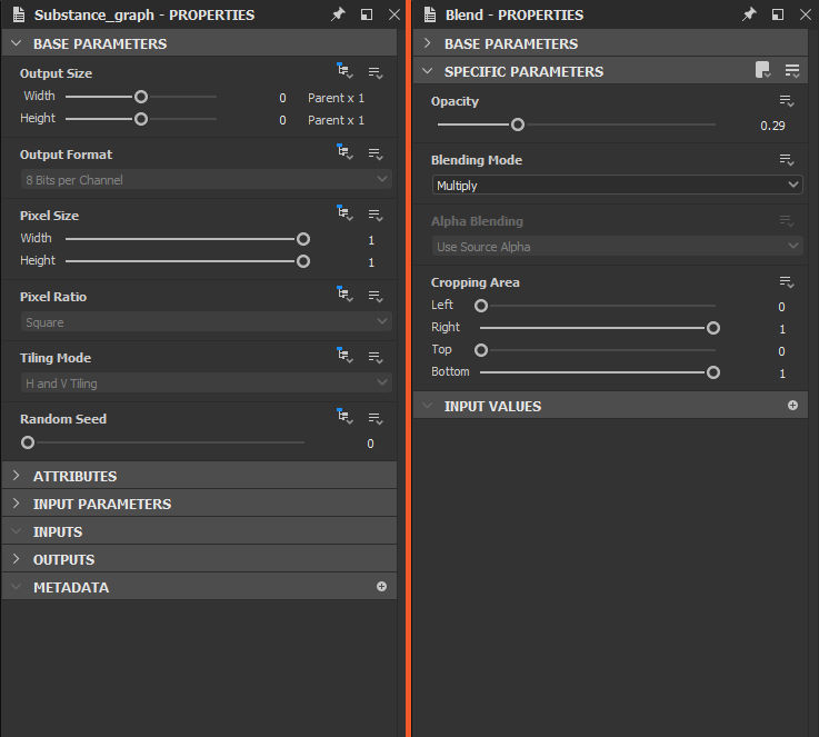 Side by side screenshots of the properties panel. The first image shows the properties panel as it appears when the graph is selected. The second image shows how the panel appears when a blend node is selected.