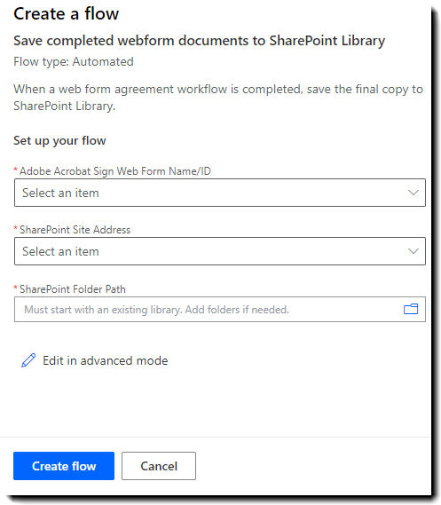 The Create a flow page showing the fields required to configure the Connectors.