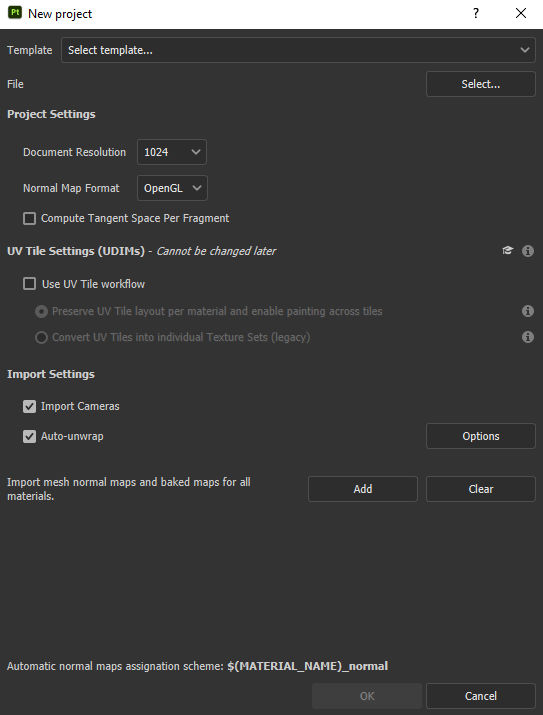 Displaying the new project window where there are the project settings and import settings