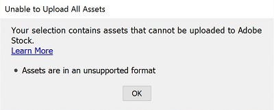 Unable to Upload All Assets dialog displaying the error: Assets are in an unsupported format.