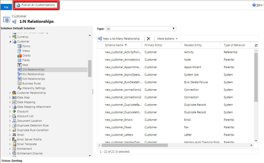 Publish All Customizations at the top of the 1:N Relationships page