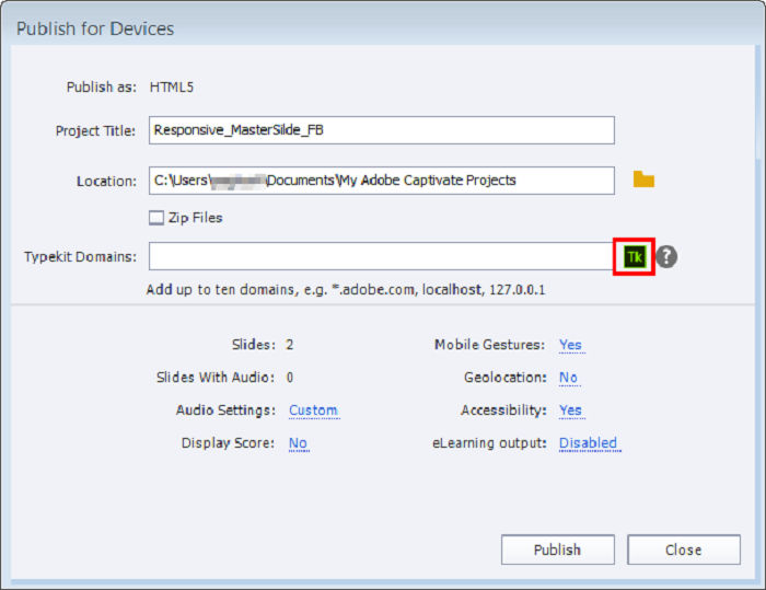 Publish for Devices dialog