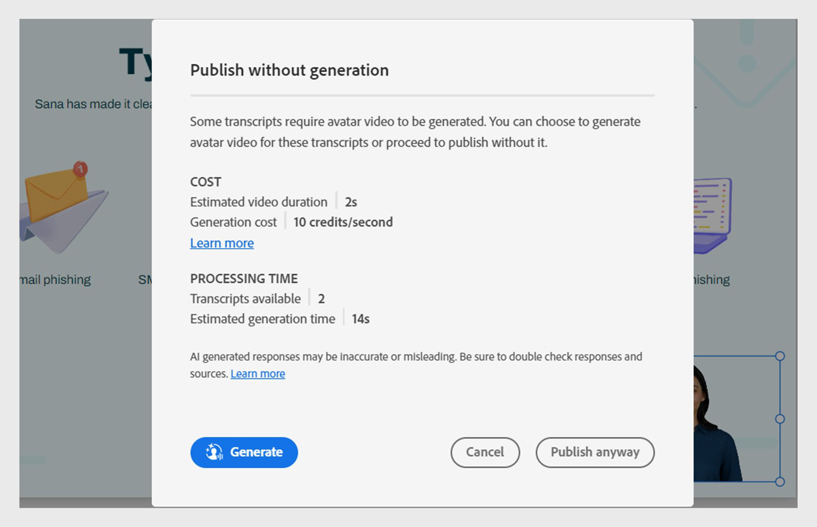 Captivate prompt when publishing without completing avatar generations