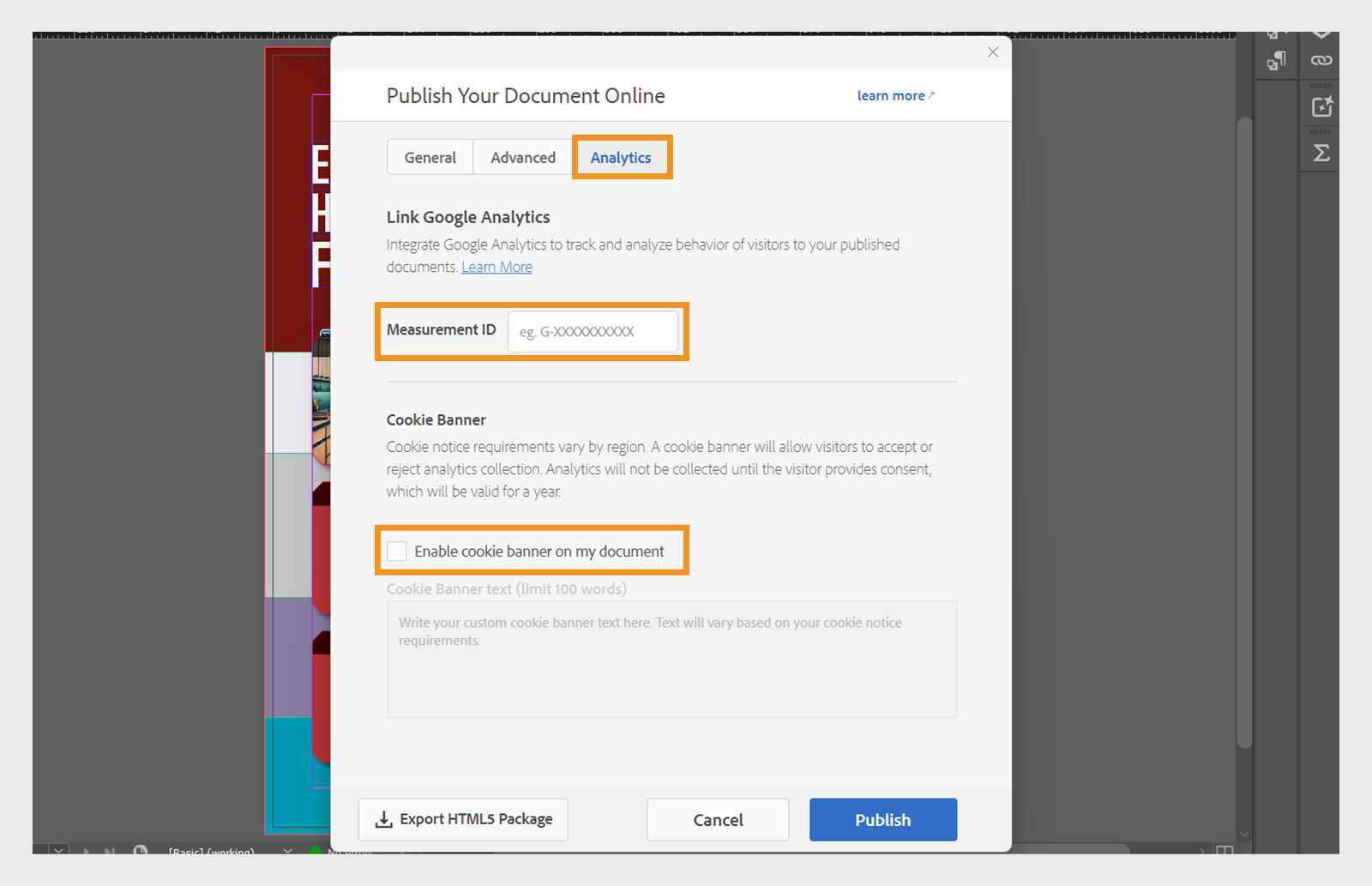 Screenshot showing the Analytics tab highlighting the Measurement ID field, Enable cookie banner on my document checkbox, and the field to eneter the message for the cookie banner.