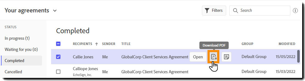 Manage page highlighting the quick actions for an agreement