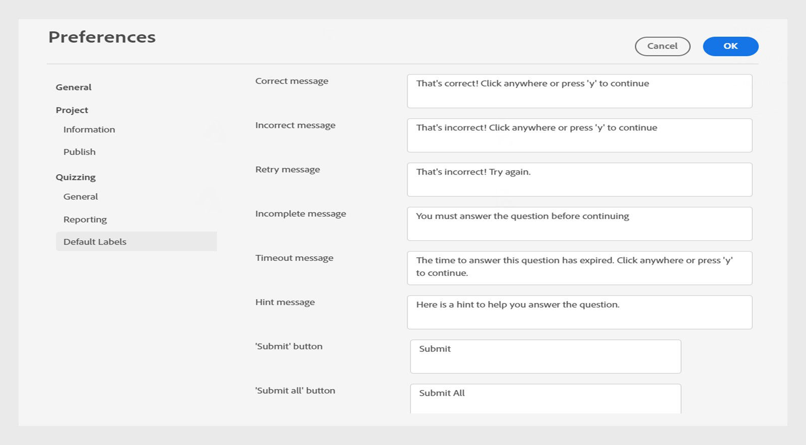 Quiz Default Label Preferences