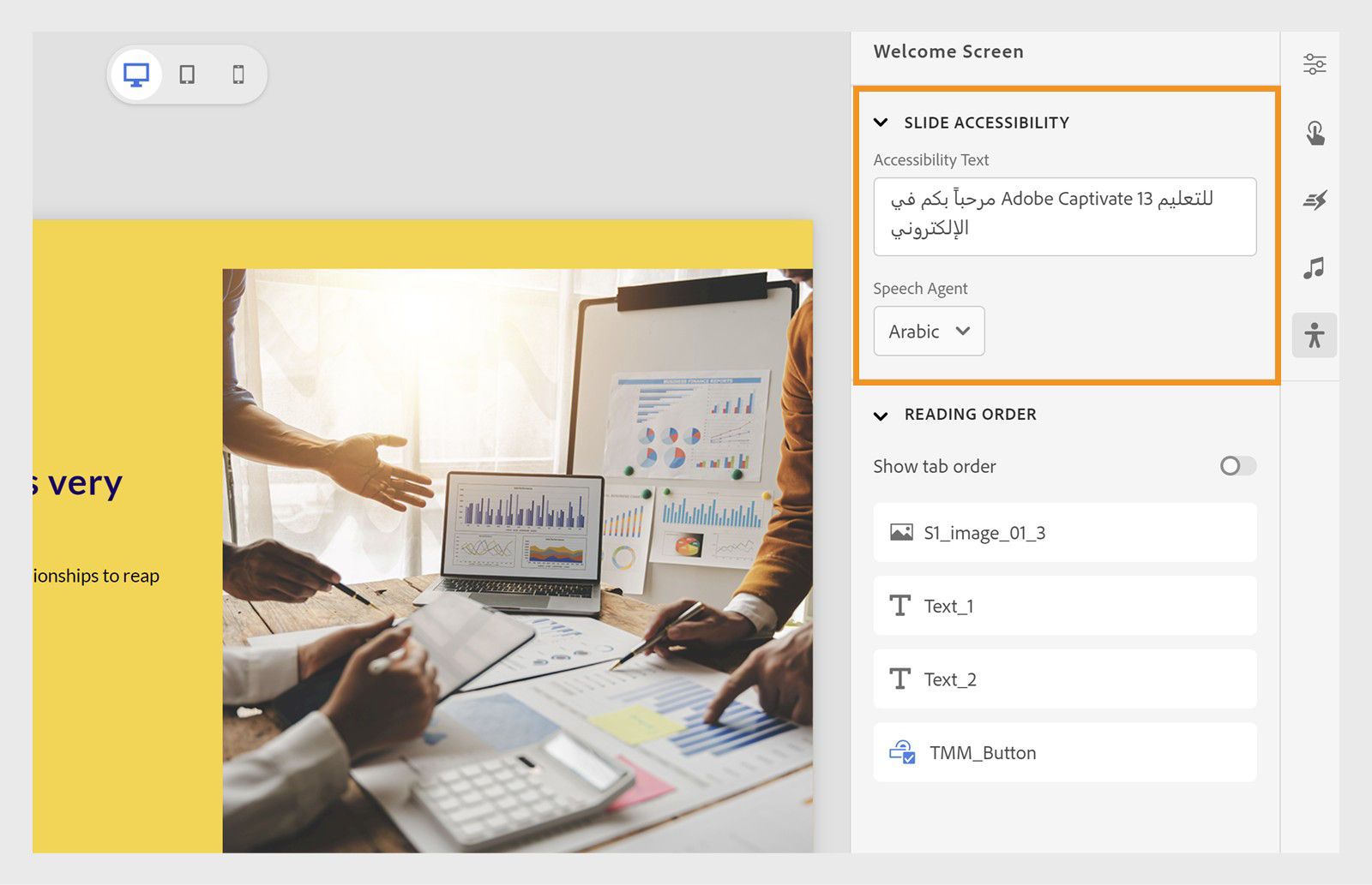 Captivate interface showing the slide accessibility settings and how to add speech agents in RTL languages