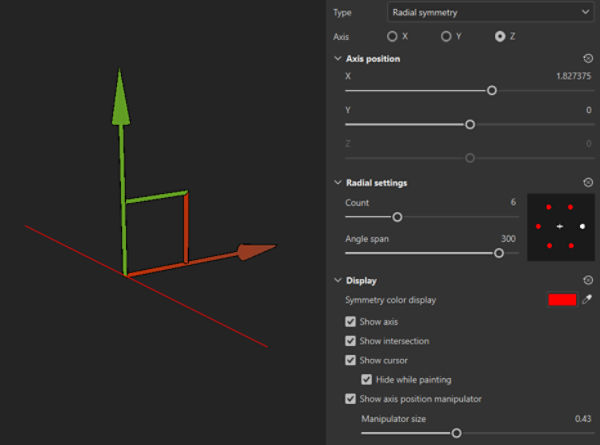 A screenshot of the radial symmetry settings panel with the manipulator visible in the viewport.