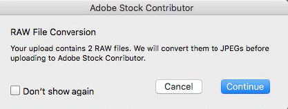 Bridge dialog to confirm the conversion of raw images to JPEG for upload