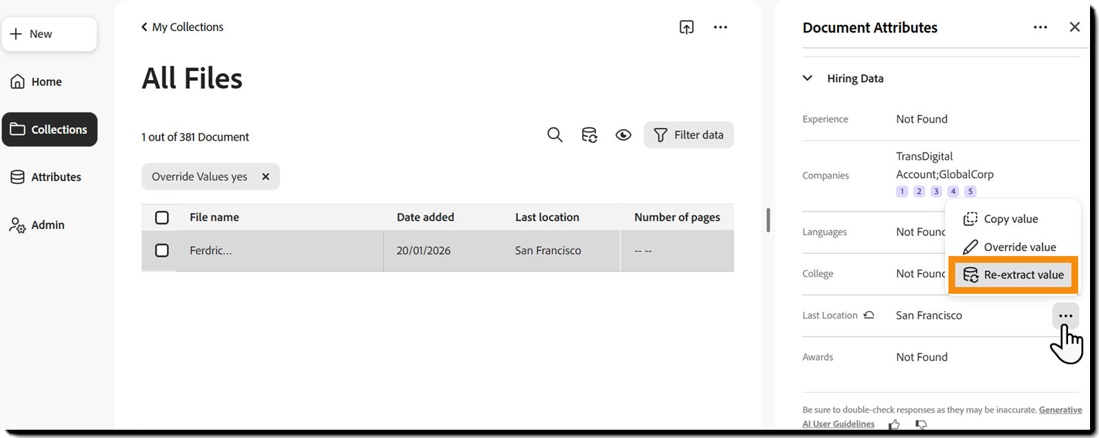 An example file opened with the "Document Attributes" panel exposed, and the "Re-extractvalue" action highlighted.