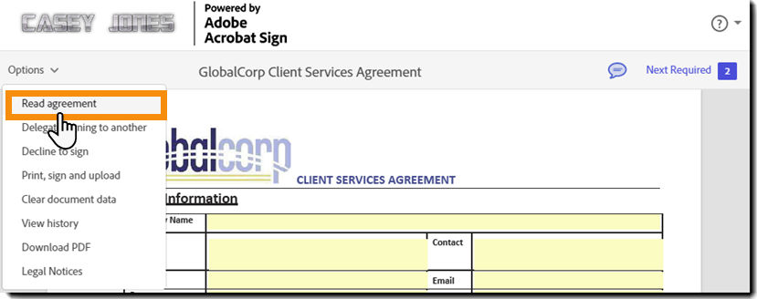 The e-sign page with the Options menu expanded and the "Read agreement" option highlighted