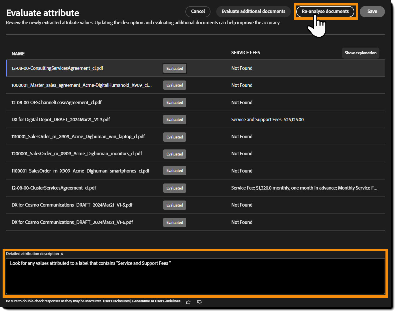 The attribute extraction page with the Description field and the Re-analyze button highlighted.