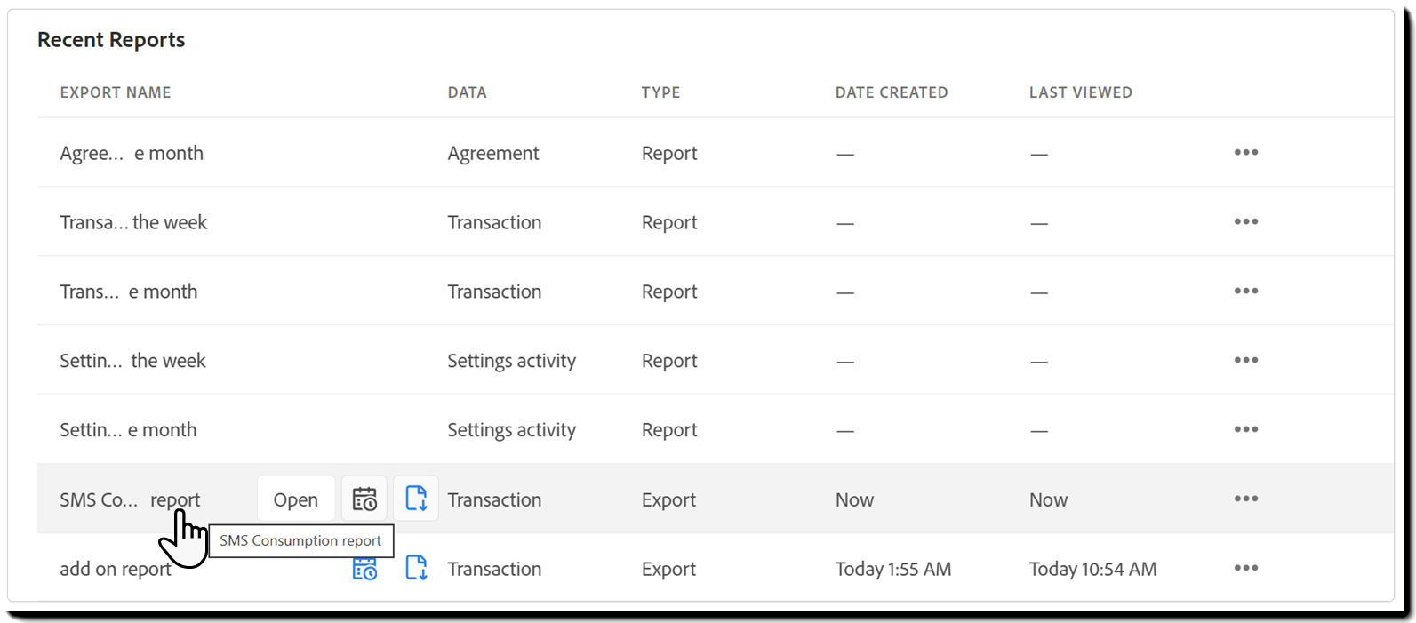 The Recent Reports section of the reports home page highlighting the SMS Consumption report.