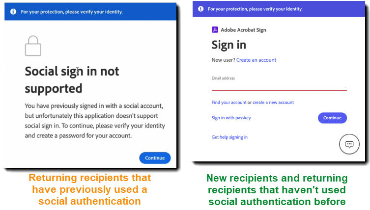 Recipient messages when authentication using Acrobat Sign auth.