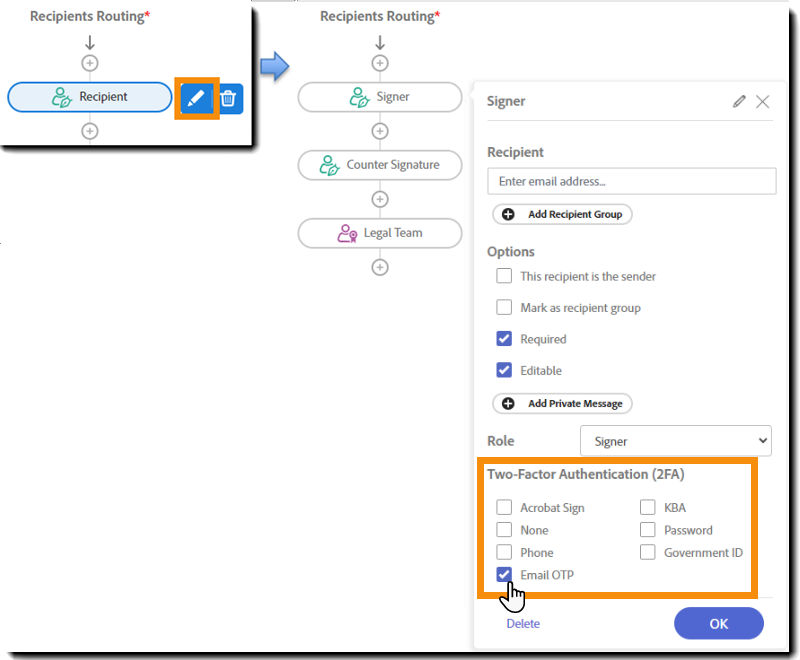 A recipient in the signature flow with the Edit icon highlighted and the recipient profile exposed