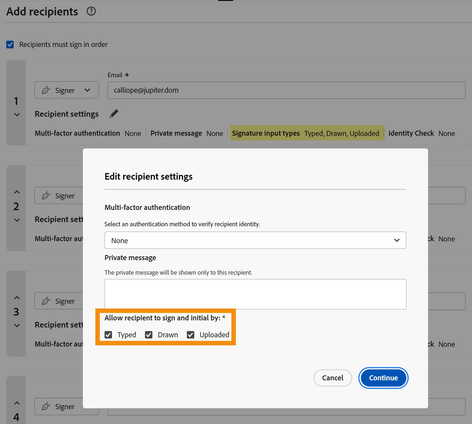 The Compose page with the Recipient's settings exposed and the signature types allowed highlighted.