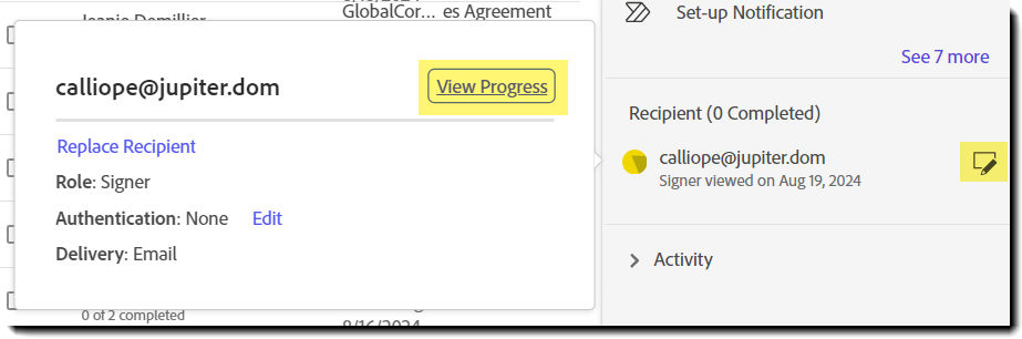 Example recipient record highlighting the View Progress icon and button.