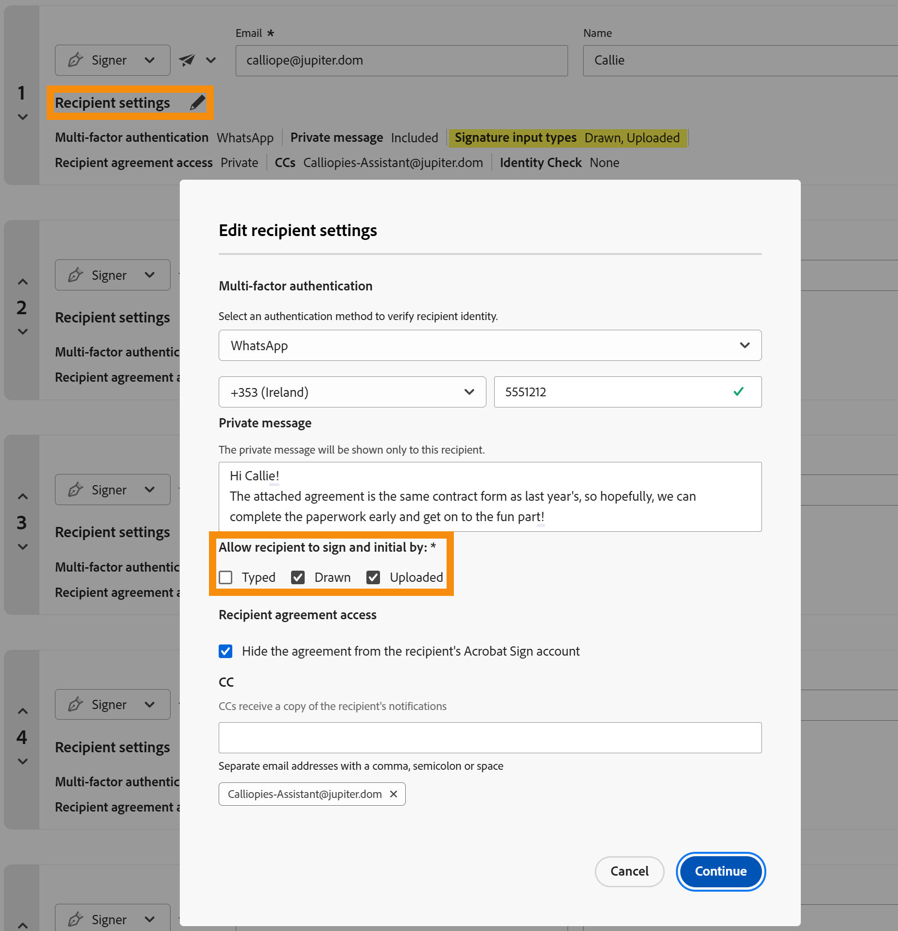The Recipient settings menu highlighting the Allowed Signature types controls.