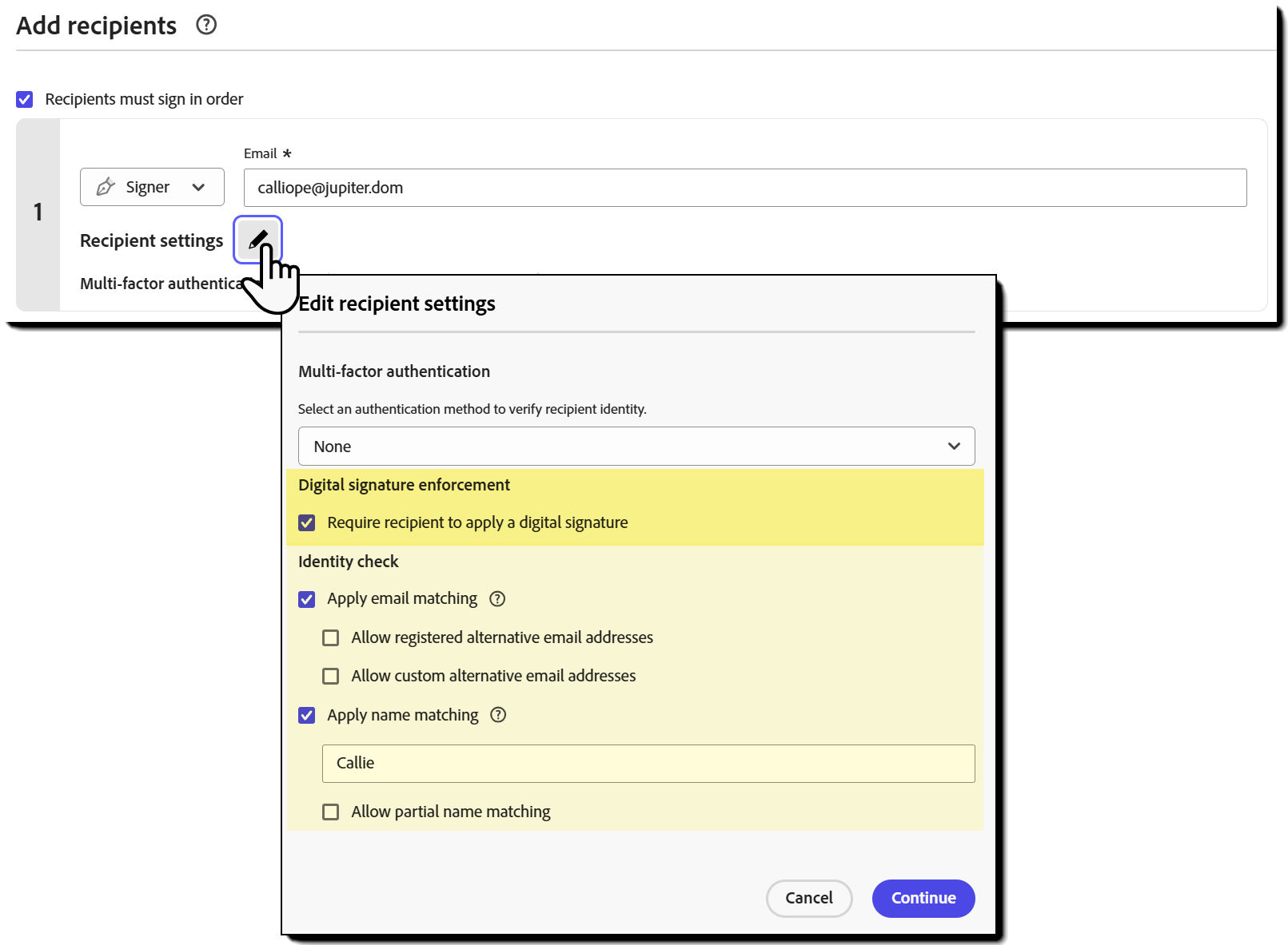 The "Recipient settings" menu highlighting the "Digital signature enforcement" 