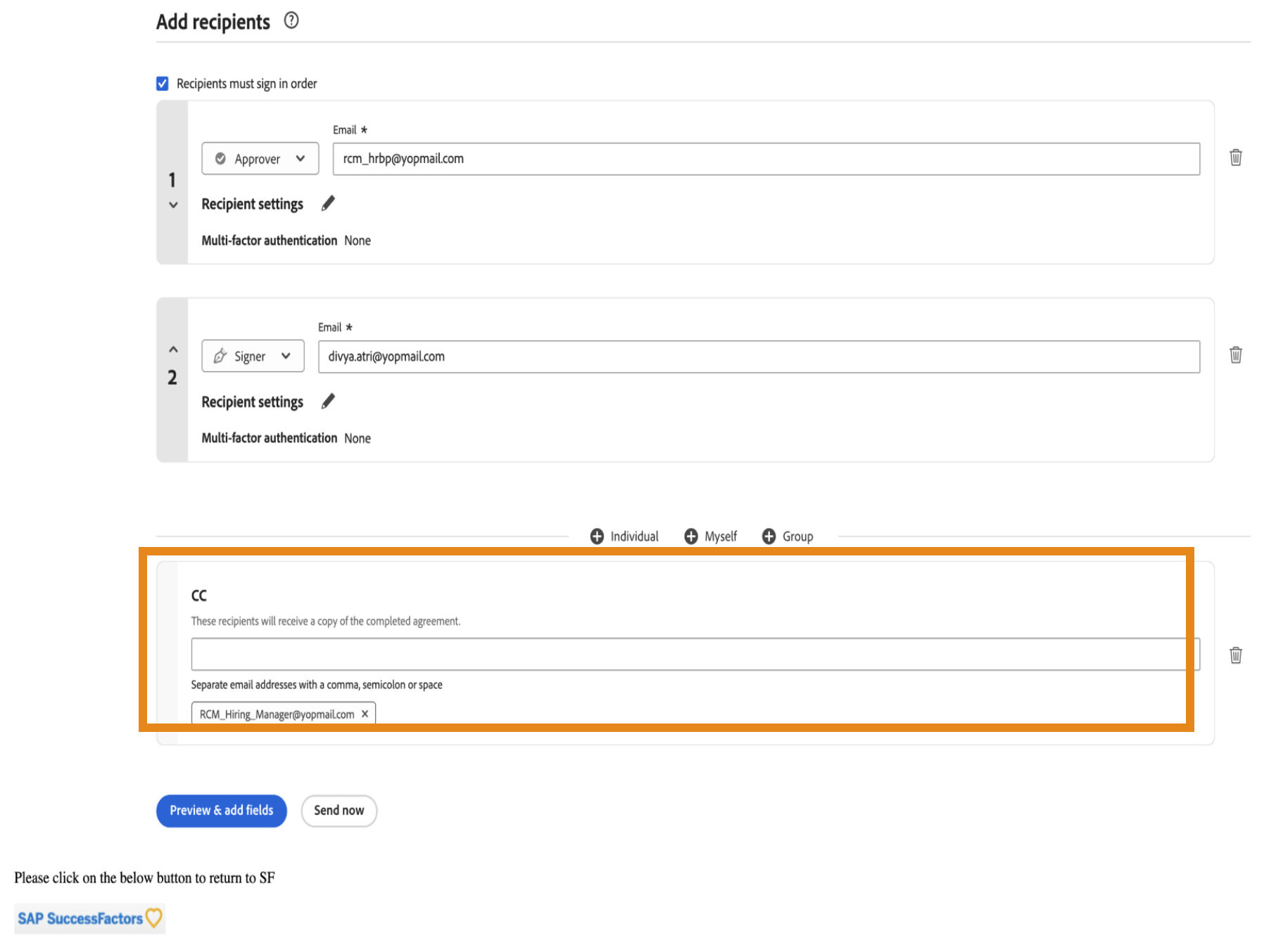 Get documents signed dialog box with recipient details, where the CC recipient's field is highlighted.